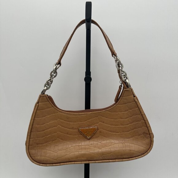 Vintage Nyc Croc Embossed Leather Shoulder Handbag With Chain Straps - Picture 2 of 7